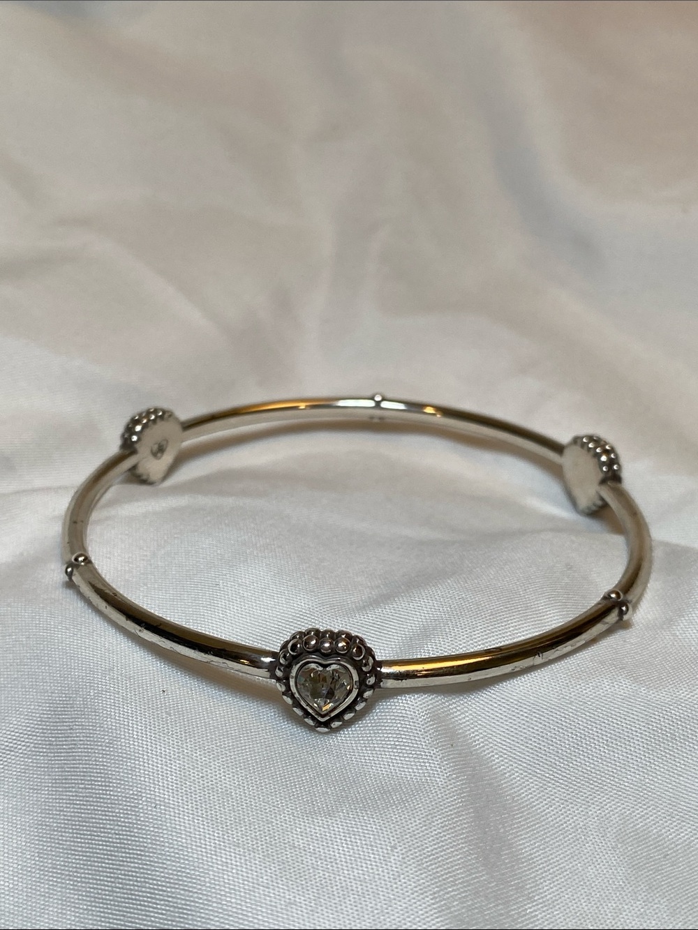 Brighton Twinkle Heart Silver Plated Bangle Bracelet Swarovski Crystals 8.75"